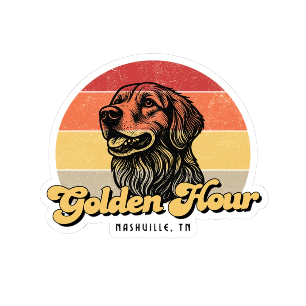 Golden Hour Dog Sticker — Retro Golden Retriever Kiss-Cut Sticker (Nashville, TN)