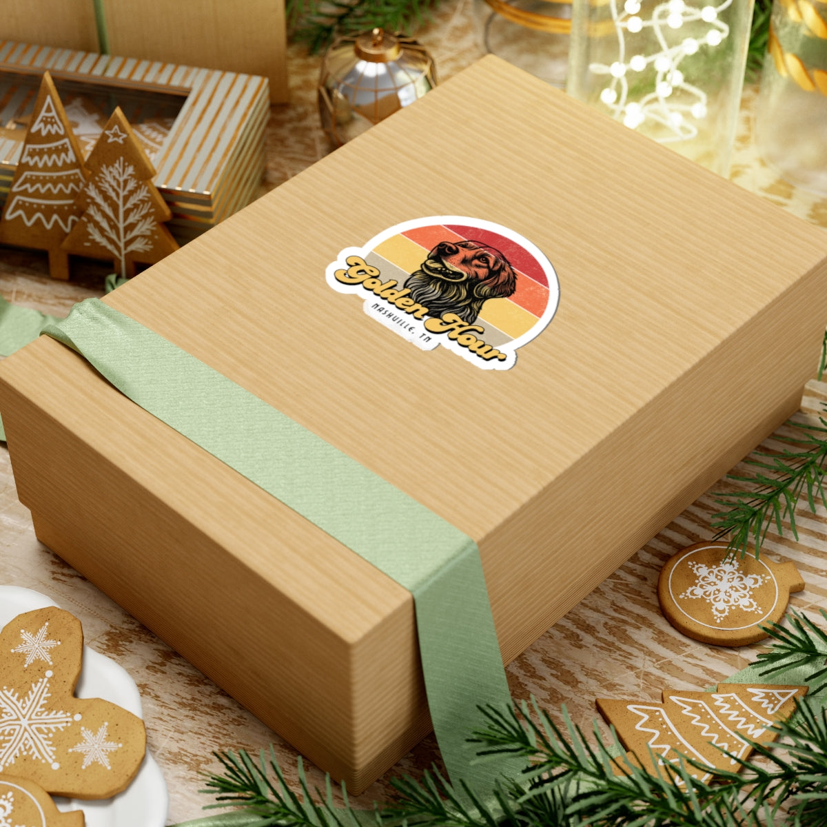 Golden Hour Dog Sticker — Retro Golden Retriever Kiss-Cut Sticker (Nashville, TN)