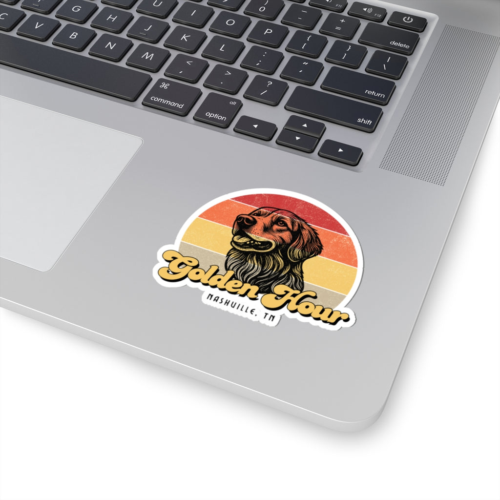 Golden Hour Dog Sticker — Retro Golden Retriever Kiss-Cut Sticker (Nashville, TN)